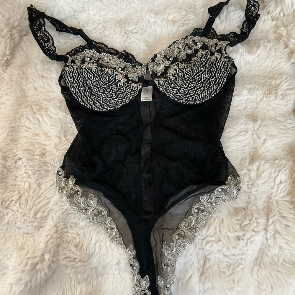 Black and Silver Gold Lace Bodysuit Vintage Victorias Secret 34C